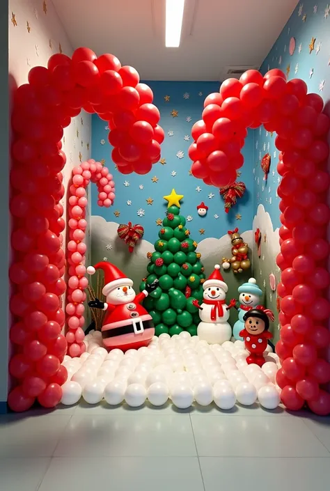 Christmas balloon decoration with wall 4 m wide by 2 m high made of latex balloons where in each corner of the wall there is a candy cane made of red latex balloons and around and center of the wall of balloons there is a Christmas tree made of balloons sn...