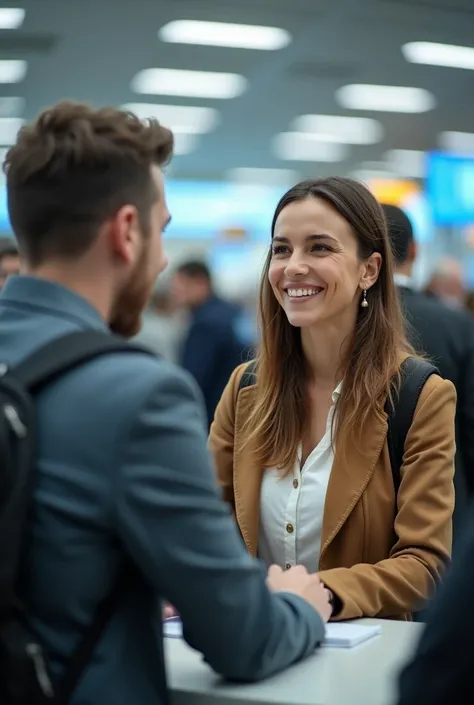 arafed woman talking to a man at an airport check in counter, gettyimages, , Imagens Getty, Stock Photograph, people watching around, exploitable image, foto de marketing, customers, shutter, people panicking, photo, advertising photo, Stock Photo, Promoti...