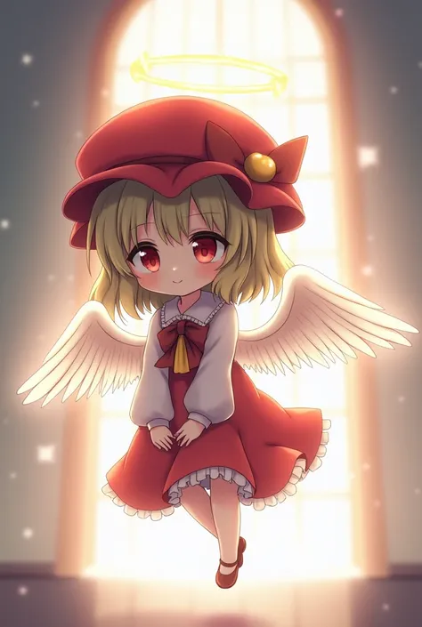 anime girl with angel wings and a red hat, from touhou, touhou project, touhou character, touhou, anime style like fate/stay night, low angel, anime moe artstyle, , small loli girl, high quality anime artstyle, anime visual of a cute girl, haibane renmei, ...