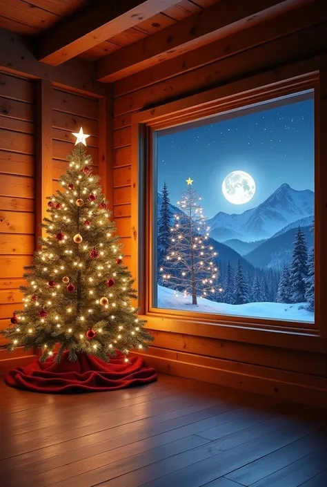 A cozy, warmly lit cabin interior with wooden walls and a rustic ambiance, designed for a chroma key background. The scene shows two corners: on one side, a beautifully decorated Christmas tree adorned with glowing lights, ornaments, and a star on top; on ...