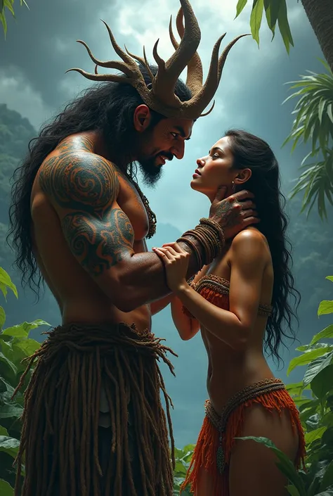  Angry Polynesian warrior demon,  with a pretty Polynesian woman , Love theme  