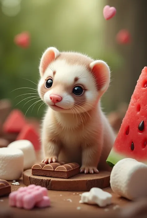 Create an image of a ferret with marshmallows with chocolate and a watermelon