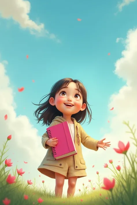 A picture of a girl holding a pink notebook and looking towards the sky with a smile 