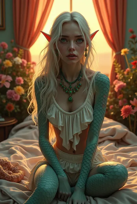 Deprimierte Elfnfrau sitzt traurig auf dem antiken Bett und lässt den Kopf hängen und weint,  Tears run out of her eyes , Room full of flowers ,  sunset

Appearance : female, 25 years, green eyes,  androgynous facial features , warrior, Elf, long white-blo...