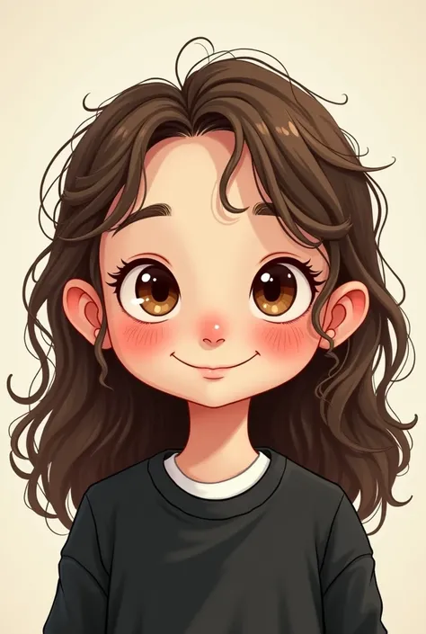 A white-skinned girl, long curly hair,  with freckles on the cheeks, brown eyes,  dressed in black sweatshirt and white shirt in cartoon 