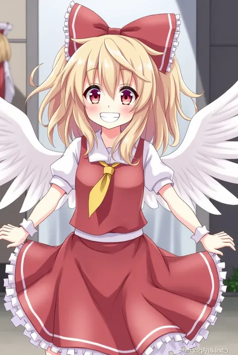 anime girl with angel wings and a bow in her hair, touhou character, from touhou, anime character, anime moe artstyle, an anime girl, high quality anime artstyle, haibane renmei, touhou project, [[[[grinning evily]]]], female anime character