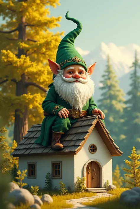 Generate an image of a green with gold and silver gnome sitting on a small white house with a yellow pint