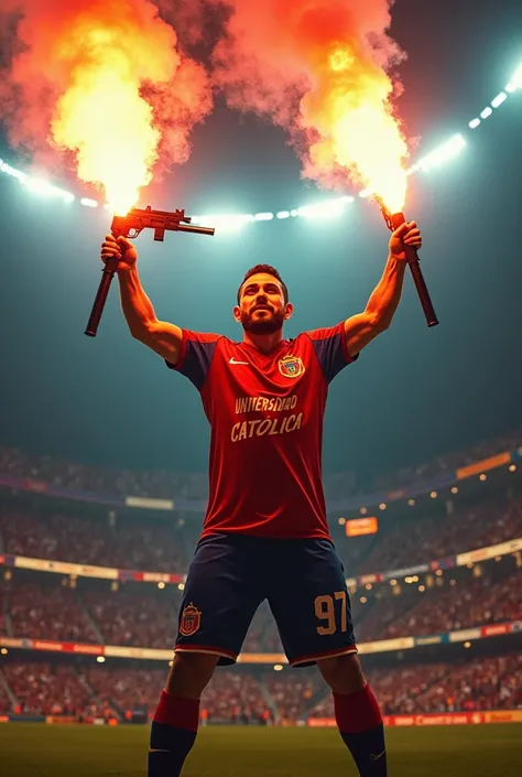 Barra brava person with flares and a gun in a stadium and wearing clothes from the Universidad Católica de Chile sports club 