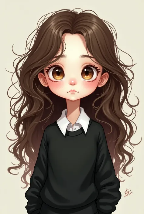 A white-skinned girl, long curly hair, with brown eyes,  dressed in black sweatshirt and white shirt in cartoon 