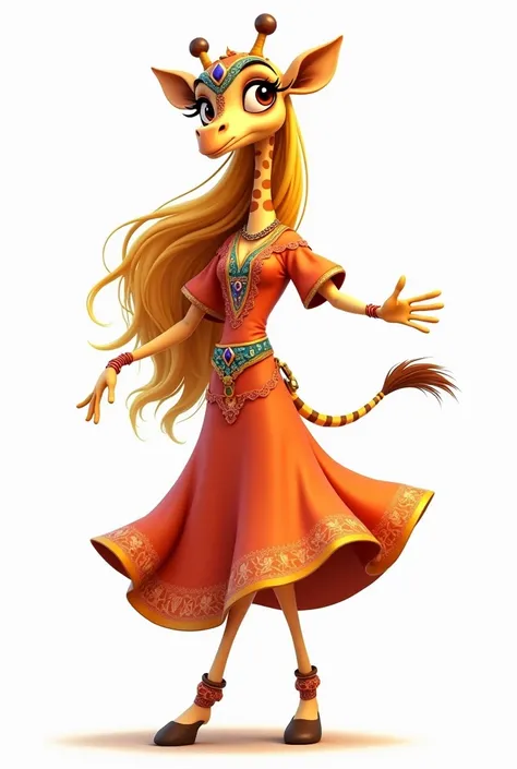 a cute  cartoon woman giraffe with long gold hair like woman hairs and arabic mask and dress righ fit for dancing with white background 