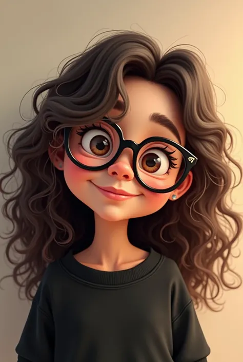 A white-skinned girl, long curly hair, with brown eyes and glasses , dressed in a black sweatshirt in a cartoon 