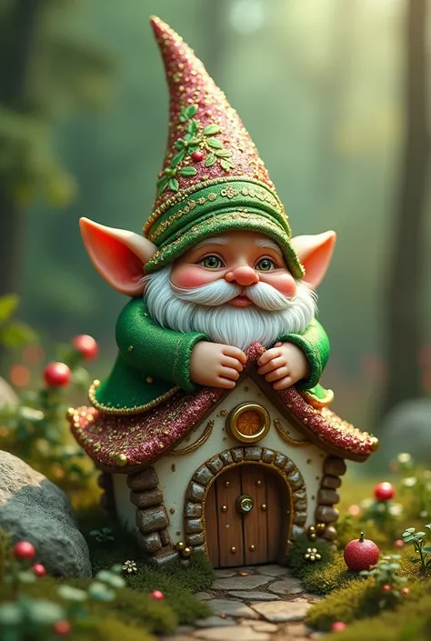 Generate an image of a green with gold and silver gnome that is sitting on a small white house with gold and silver in the house and that has a lot of glitter and its hat and that has red and white glitter