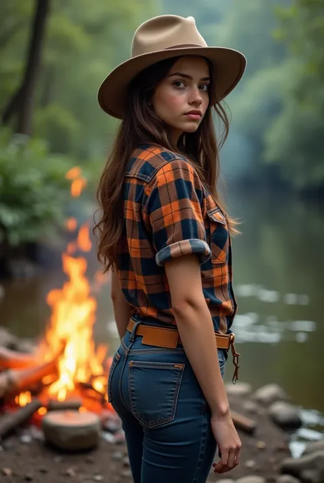 HD realistic, high detail, beautiful 20 year old girl, brown hair, Fedora hat, brown eyes, short-sleeved plaid button-down shirt in shades of orange, blue and black, white undershirt, dark blue jeans, light brown or brown belt with simple buckle,, campfire...