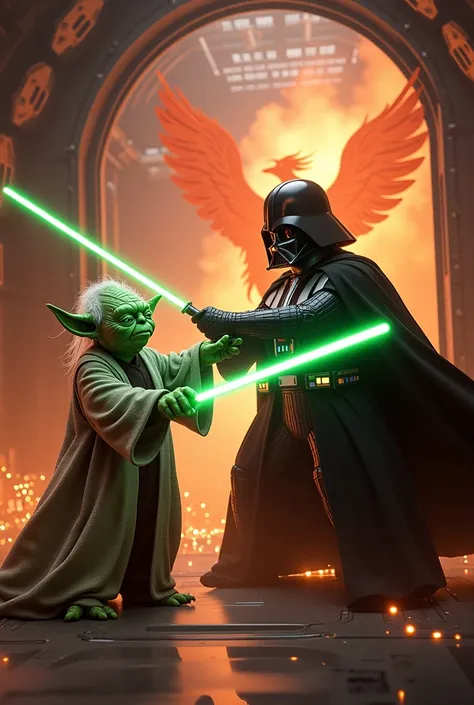 Master Yoda fights Darth Vadar with a long cucumber as a sword, spaceship interior , Fire phoenix . realistic, an epic