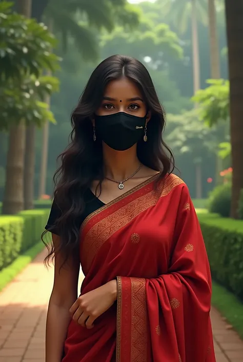 Sir lanka sity park background,and 20 years old girl wearing red beautiful osariwith black mask long beautiful hair.,with name " Dinusha " write on  osari side small front, 3d art painting vealistic photo



