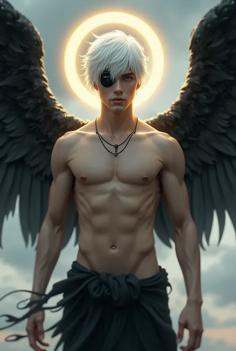   a man angel with white eyes , White short hair ,  and a big black spot on his eye,  big black wings , torse nu, une oreol doré et un fond de ciel