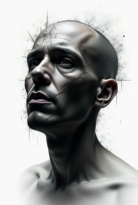  Create a picture of a mans head with a destroyed distortion effect and black effect on the head , digital artwork, image with white background 