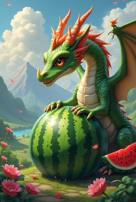 A magnificent dragon and a watermelon in the same image