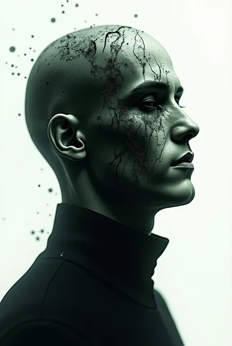 Create a picture of a male matrix head with a destroyed distortion effect and a black effect on the head , digital artwork, image with white background 