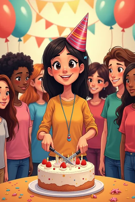 a drawing, As a cartoon of an adult girl cutting the cake on a birthday of about 10 ren (You have to see how the adult girl cuts the cake