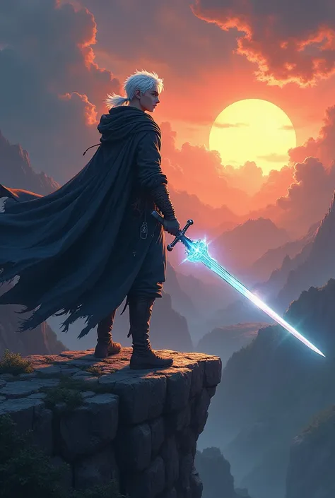 A young male swordsman with white hair and glowing blue eyes stands on the edge of a rocky cliff, holding a shimmering blade that reflects the golden light of the setting sun. His tattered black cloak flutters dramatically in the wind as storm clouds gathe...