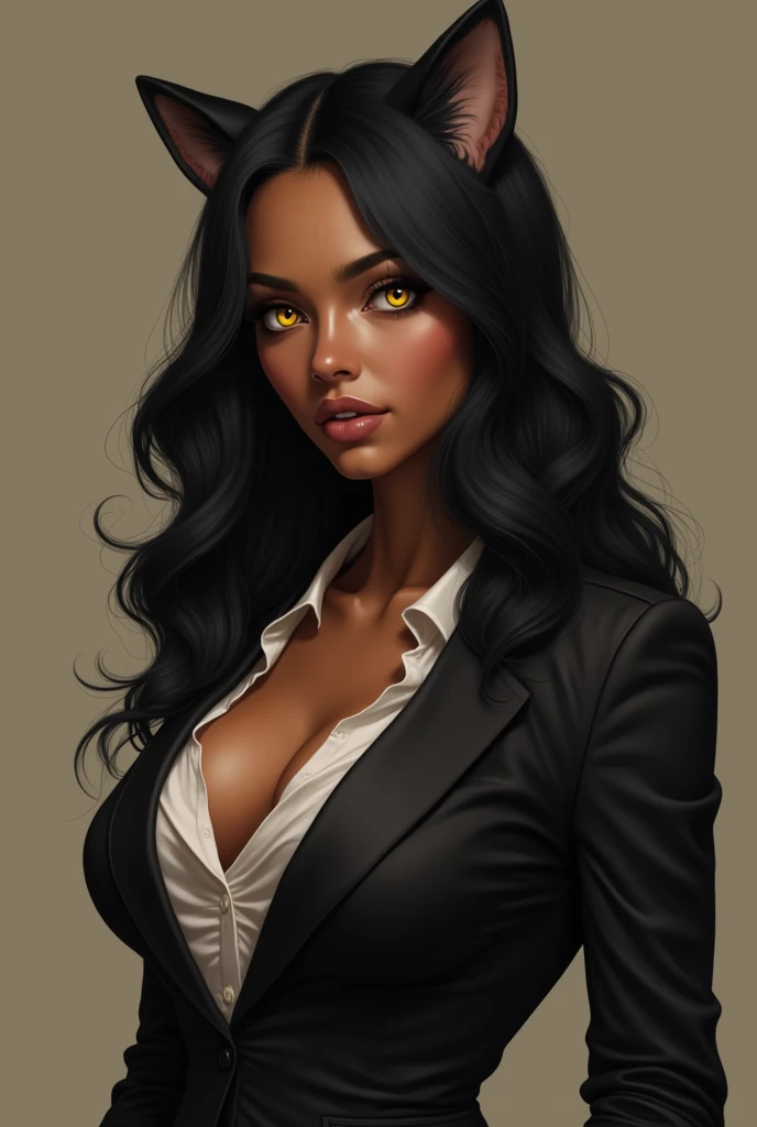 Delicate picture, a beautiful girl, long black hair, wavy hairstyle, wearing classic suit, big breasts, yellow cat like eyes, cat ears, no human ears, dark brown skin, full body