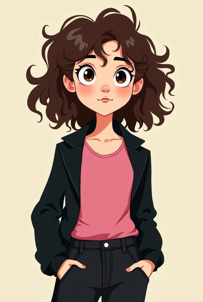  A white-skinned woman, with defined frizzy hair , with brown eyes ,  is dressed in a pink shirt and black pants and a black jacket in a cartoon 