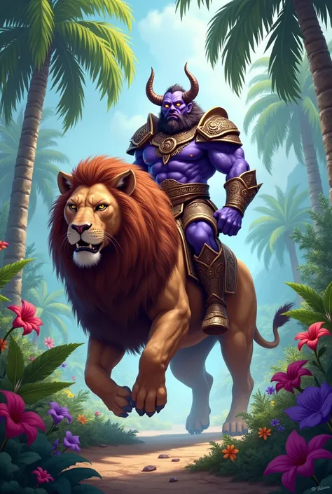 Create an image of a purple orc from the islands riding a lion