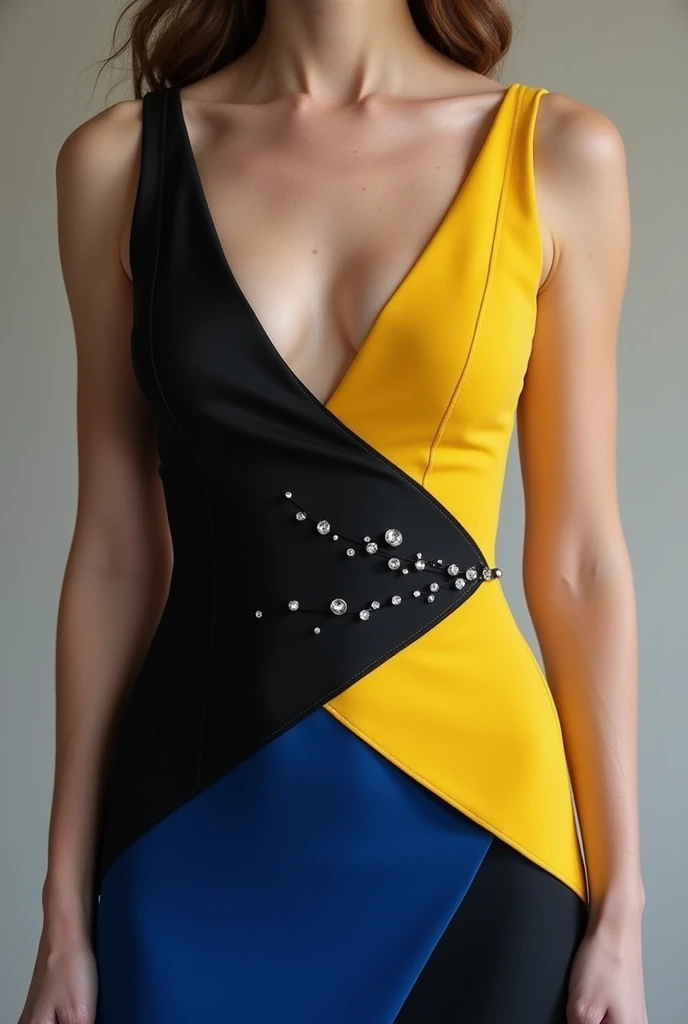 Bridesmaid dress in black yellow and blue.  without lace . With diamonds in design