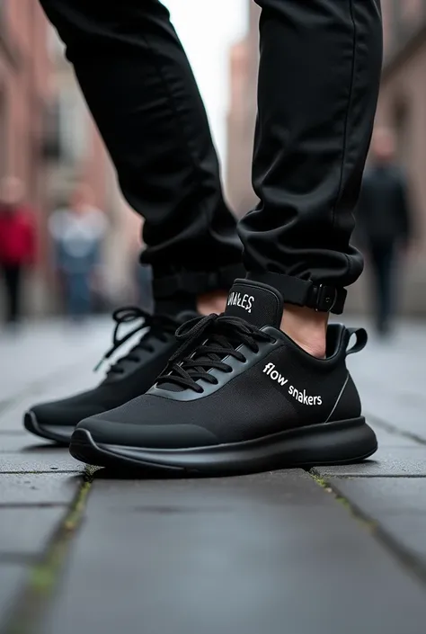 A black sneaker with flow for young men,  with the words  "Flow Snakers "  on top of the sneaker .