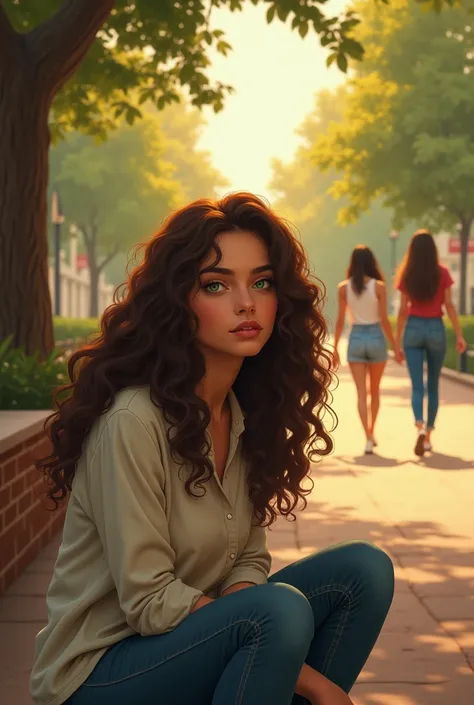 Here is a Sea Art prompt based on the provided text:

_Visual Elements_

1. Aisha (mid-20s): stunningly beautiful, long curly brown hair, bright green eyes, looking contemplative
2. Oakdale University campus background with students walking in the distance...