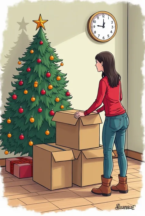 Une passionnée de Noël attend impatiemment le top départ pour réaliser ses décorations  les mains posées sur les boîtes contenant les décorations dessin humoristique compte a rebours la pièce nest pas encore décorée le sapin est encore dans son emballage s...