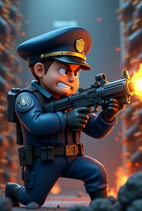 Cartoon police officer in 3D profile grenade launcher shooting racks