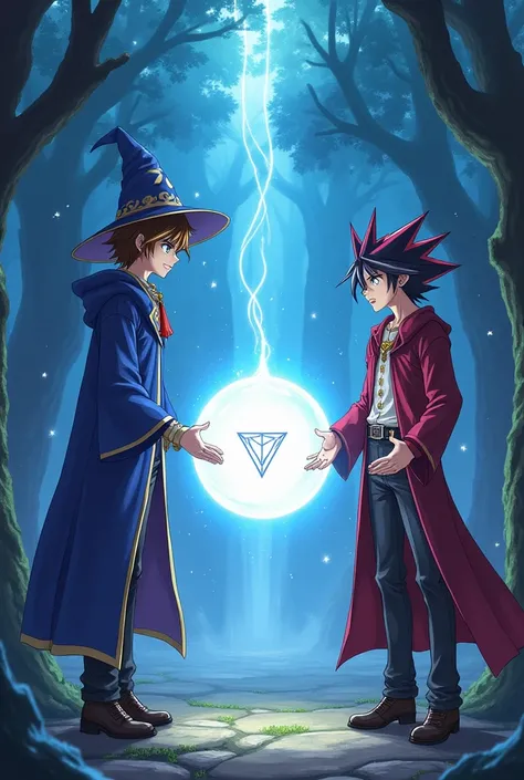 realistic anime style. Wizard Character "Endymion", he "double iris wizard" y he mapache "baby",  arte dhe juego de cartas Yu Gi Oh, standing around a floating orb, hecho de cristal brillante blanco con un triangulo en he interior, que flota en he centro d...