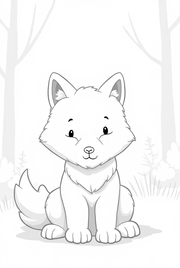 "Create a black-and-white illustration for a rens coloring book. The image should feature a baby wolf in a forest setting. The baby wolf and the forest background must both be in black and white, with bold, thick lines suitable for young ren to color. Ensu...