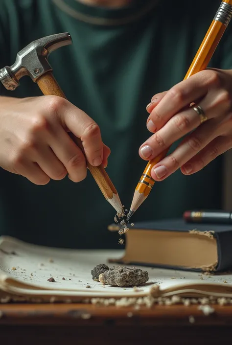 Two hands of a student as if they were breaking a single pencil ,  but in one hand you have a broken pen and in the other a hammer,  and these two elements collide and in the background something related to the environment 