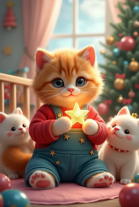 Ginger fluffy cat wearing a Christmas sweater and overall with stars  in pink sitting holding a Christmas ⭐️ By kitten in crib and Christmas decorations in pink blue and green in the background, papa and mams fluffy cat standing next to him 