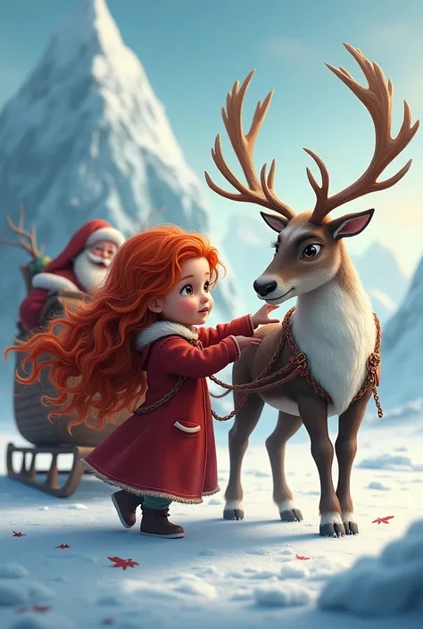 A redheaded baby girl with long wavy redheads caresses the queens of Santa Clauss sleigh in Antarctica 