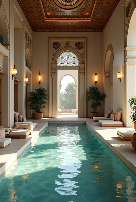 please generate me a picture of a turkish spa with a pool 