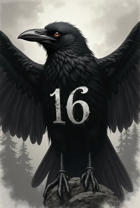 Drawing of a raven showing the number 16 