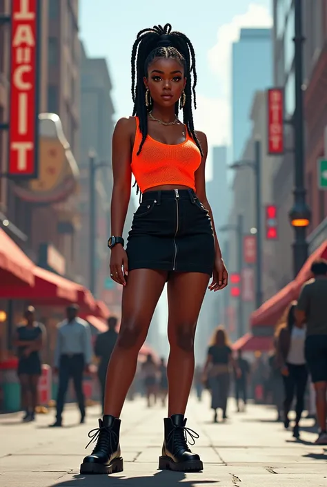 A curvaceous Black woman in a black denim mini skirt with a front zipper, paired with a sleeveless neon orange mesh top and chunky black boots. Her box braids are styled into a high ponytail on a bustling urban neighborhood