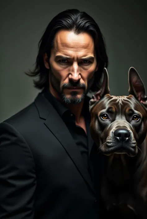 A close-up portrait of Keanu Reeves wearing a sleek black suit, with a pitbull standing by his side, photorealistic, sharp focus, hyperdetailed, dramatic lighting, cinematic composition, moody color palette