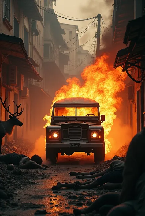 1963 Land Rover, on fire, driving through a favela, dead bodies everywhere, the reindeer