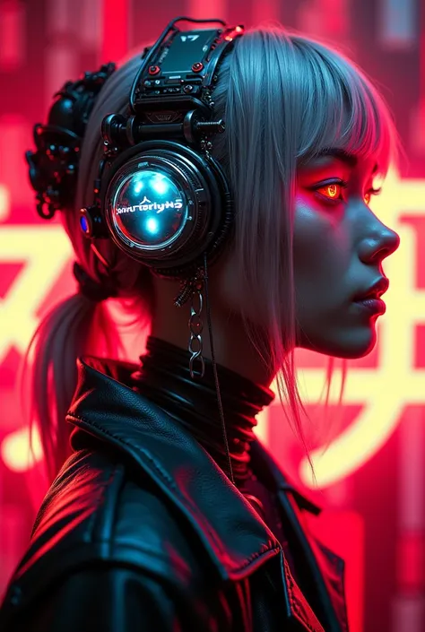 ❤️ 
Cyberpunk futuristic female character, metallic silver hair with pink highlights, glowing red cybernetic eyes, intricate mechanical implants integrated into her face, neck, and ear, reflective industrial helmet with graffiti and mechanical details, hig...