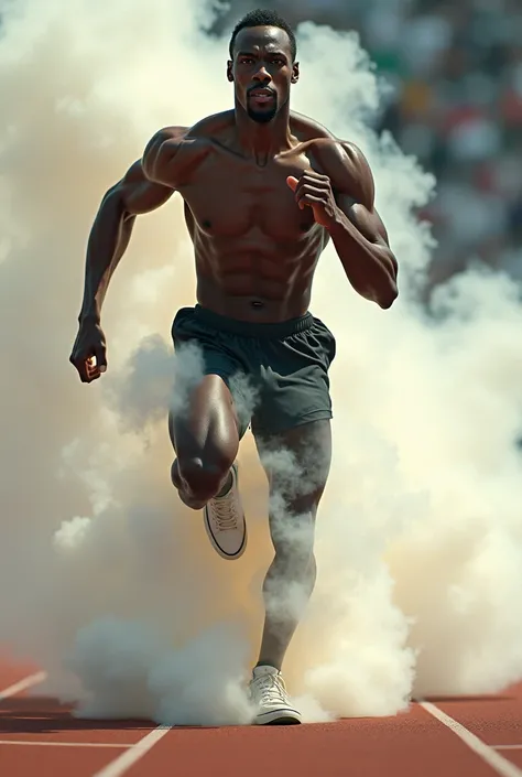 Usain Bolt, while running, his body begins to turn into smoke, starting at his feet