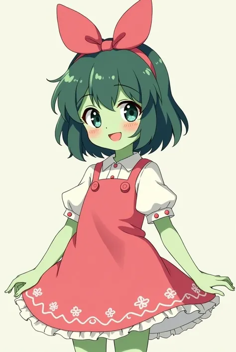 Anime girl with light green skin, dark green hair and a pink dress with white sleeves and white skirt, along with a red bow tie on her head