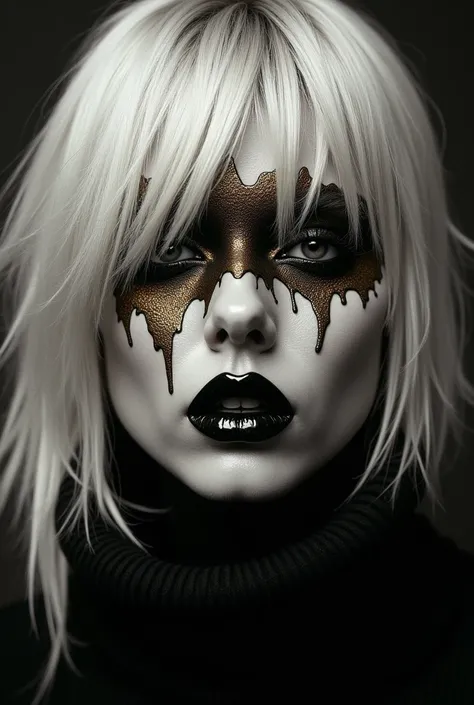 ❤️

A hyper-detailed monochromatic portrait of a mysterious woman, her face partially obscured by sharp, angular platinum blonde hair that cascades unevenly, creating a dramatic, edgy vibe. Her eyes are hidden behind streaks of golden paint, dripping like ...