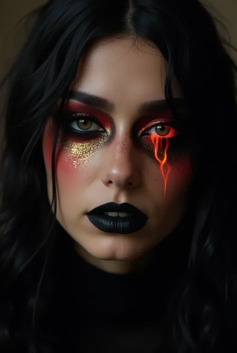 Phoenix Black  ( Damiano David - lead vocals)

 makeup style :

eyes:  A dramatic makeup with dark shadows  (black and grey)  and intense outlined to create a penetrating and fierce look .  You can add a touch of fiery red or orange in the center of eyelid...