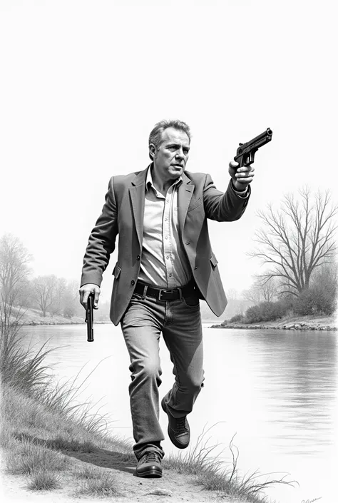 A man in his 40s throwing a gun into a river, captured in a pencil sketch style. The scene shows the man in a moment of tension, with the gun flying through the air towards the water. The background features a calm riverbank, with trees or urban elements d...