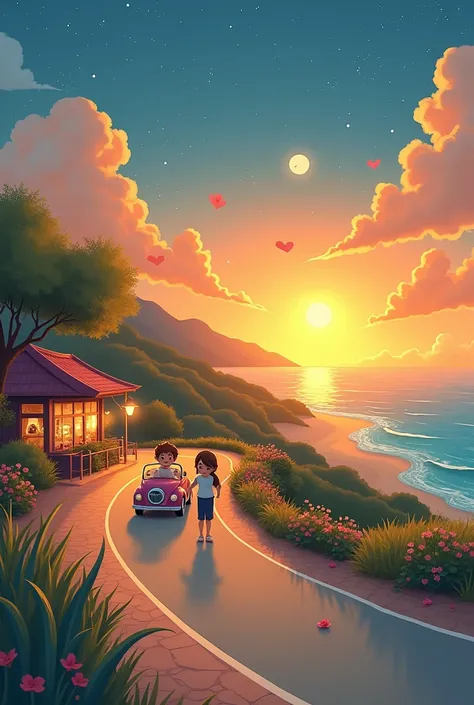 anel 1:*
[A cartoon version of you is shown driving a car on a scenic road. The sun is setting in the background.]

You (thought bubble): "Ive been driving for hours, but the view is breathtaking."

*Panel 2:*
[You stop at a roadside café, where you meet a...